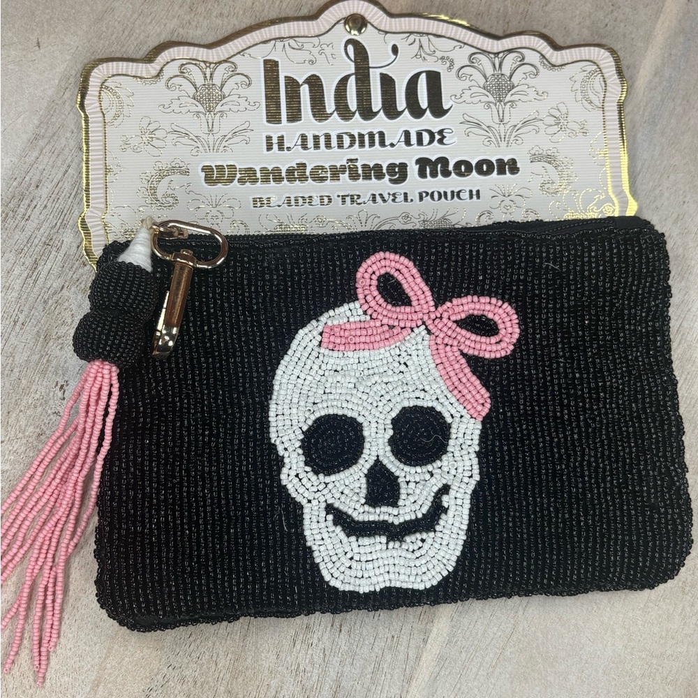 Wandering Moon Black and Pink Beaded Skull Clutch